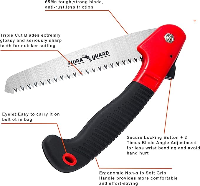 FLORA GUARD 7.7-Inch Folding Hand Saw, Pruning Saw with Trible-Cut Razor Teeth for Wood Cutting, Tree Trimming, Professional Camping Gardening Tools