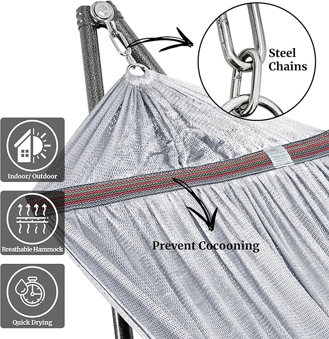 Tranquillo Universal Double Hammock with Stand Included for 2 Persons/Foldable Hammock Stand 600 lbs Capacity Portable Case - Inhouse, Outdoor, Camping, Grey