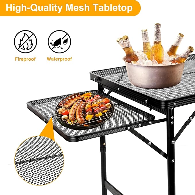 Grill Table Folding Table with 2 Wing Panels 4FT+1.77 FT with Mesh Desktop 3 Height Adjustable Portable Grill for Outdoor Indoor Beach BBQ Picnic Travel RV Black 69.3 x 23.62 inch