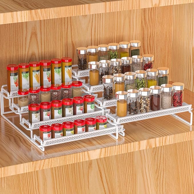 4 Tier Spice Rack Organizer for Inside Cabinet Expandable Display Riser Shelf Seasoning Organizer for Countertop Cupboard Pantry Adjustable Step Storage Holder with Protection Railing (White, 2PC)