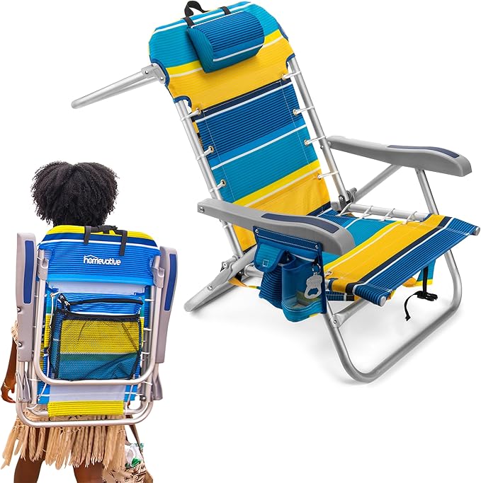 Homevative Backpack Fold-Up Beach Chair, 5 Positions, Towel bar, Cooler, Storage Pouch, Cup Holder and Phone Pocket