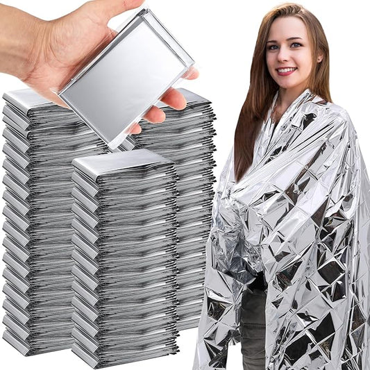 100 Pcs Emergency Blankets for Survival 83 x 55 Emergency Foil Thermal Reflective Space Blanket Bulk Waterproof Individually Wrap Survival for Car Camping Outdoor Homeless
