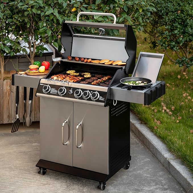 4-Burner Propane Gas Grill with Side Burner, Cabinet Style Grill with Glass Viewing Window, Porcelain-enameled Cast Iron Grate & Stainless Steel Warming Rack, Silver, SG5003S-SC