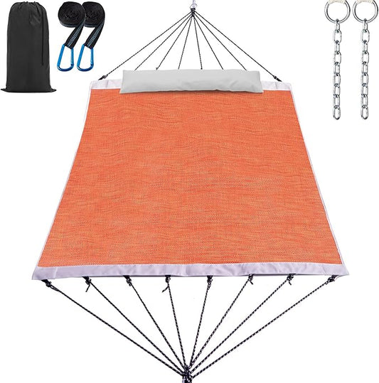 14ft Two Person Outdoor Hammock, Portable Camping with Folding Steel Spreader Bar, Carrying Bag, Carabiners, Tree Straps, Pillow & Sidebag, Quick Dry Textilene Fabric, 550 lbs Capacity (Sunset)
