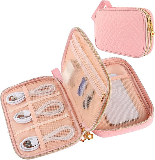 Electronics Organizer Travel Case, Charger Bag Cord Organizer Travel, Compact Tech Pouch Cable Organizer Bag for Charger, Cords, Phone, Headphones, Flash Drive, SD Card (Pink, Small-Double Layer)