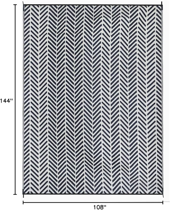 FH Home Outdoor Camping Rug - Waterproof, Fade Resistant, Reversible - Premium Recycled Plastic - Herringbone - Large Patio, Deck, Sunroom, RV - Fresno - Navy - 9 x 12 ft Foldable