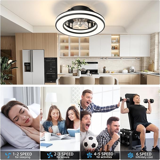 Ceiling Fans with Lights, 16'' Modern Low Profile Ceiling Fan Light with Remote, 3000-6500K Dimmable LED Fan Light, 6 Speeds Small Flush Mount Ceiling Fan for Bedroom, Kids Room (Black)