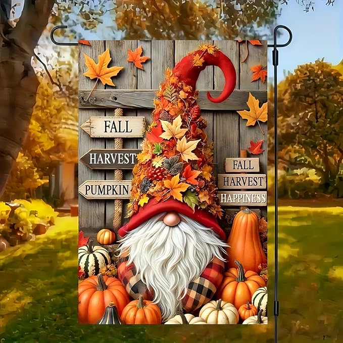 Gnome Garden Flag 12X18 Inch Double Side,Pumpkin Fall Yard Flag,Small Garden Flag Outside Decorative,Outdoor Fall Flag for Holiday Courtyard Lawn Patio