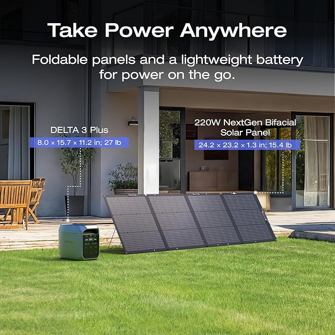 EF ECOFLOW Solar Generator DELTA 3 Plus with 220W Bifacial Solar Panel, 1000W Solar Input, LFP(LiFePO4) Battery, Portable Power Station for Home Backup Power, Camping & RVs