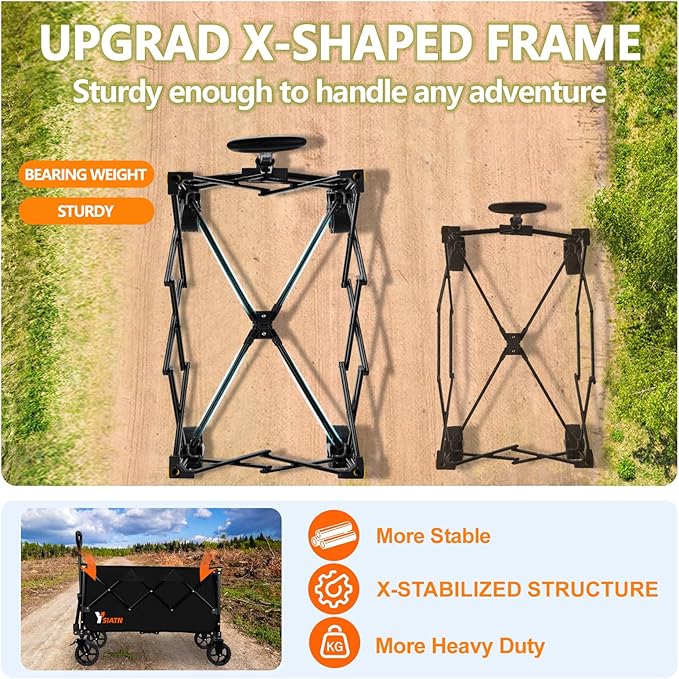 Collapsible Wagon Cart with Brake, Foldable Wagon Cart with All Terrain Wheels, Large Grocery Carts On Wheels, Heavy Duty Utility Wagons for Shopping Beach Sports Fishing Camping, 110L, Black