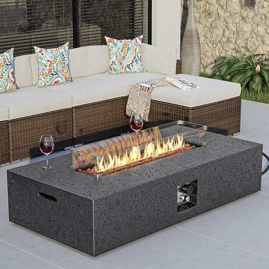 COSIEST 56-inch x 28-inch Outdoor Propane Fire Pit Coffee Table w Concrete Rectangle Base, CSA Certified, 50,000 BTU, Free Lava Rocks and RainCover, Fits 20lb Tank Outside, Wind Guard, Gray