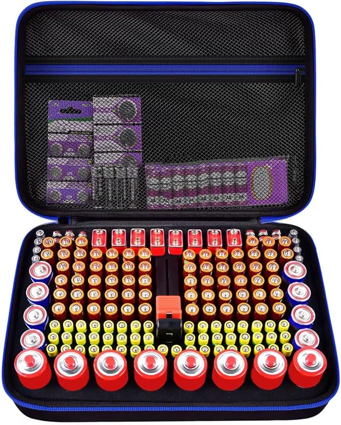 casmilee Storage Case & Battery Organizer with Tester for 162+ AA AAA 4A C D 9V 3V Lithium LR44 CR2 CR123 CR1632 CR2032 18650 Button - Batteries Not Included Blue
