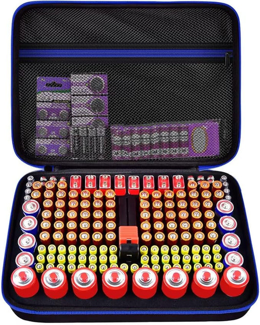 casmilee Storage Case & Battery Organizer with Tester for 162+ AA AAA 4A C D 9V 3V Lithium LR44 CR2 CR123 CR1632 CR2032 18650 Button - Batteries Not Included Blue