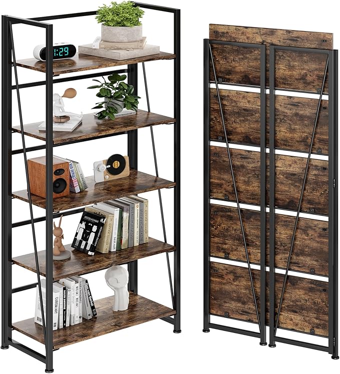 BHG Vintage Multifunctional Folding Bookshelf, No-Assembly Plant Stand Storage Rack Shelves for Home Office (Fire, 5-Tier)