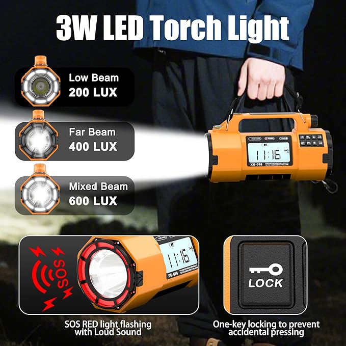 Emergency Alert NOAA Weather Radio with Hand Crank & Solar Power Portable AM/FM/SW Radio, Flashlight, Replaceable Battery, Cell Phone Charger, SOS Alarm, Power Outage Essentials for Outdoor