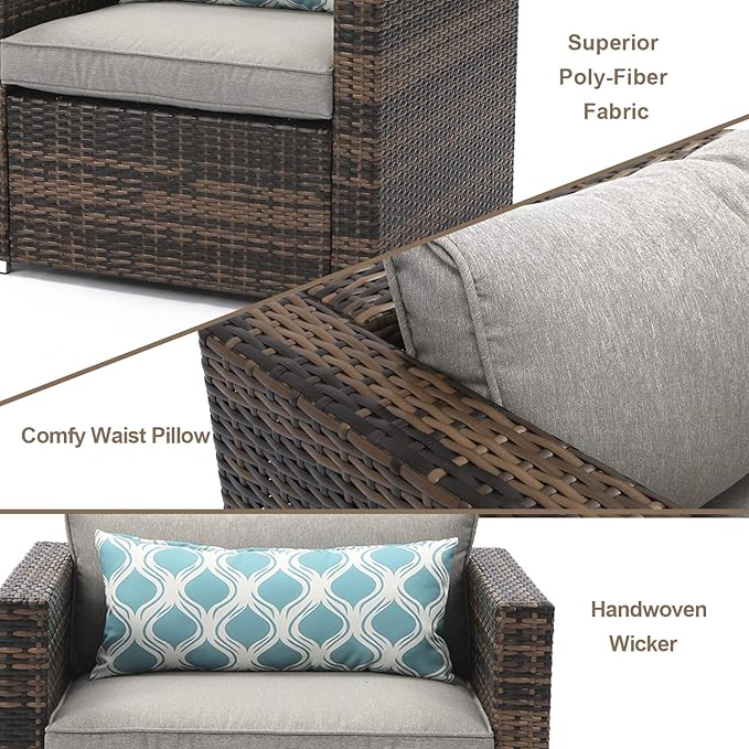 COSIEST 5-Piece Faux Brown Propane Fire Pit Outdoor Furniture Brown Chairs, Warm Gray Wicker Thick Cushion Sofa w 32-inch Square Propane Fire Table (50,000 BTU) for Garden, Pool, Backyard