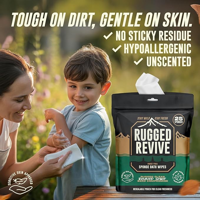 Disposable No Rinse Bathing Wipes – Rinse-Free Sponge Bath for Adults & Kids - Thick Body Wipes with Aloe for Camping, Hiking, Travel, Backpacking, Outdoor & Off-Grid Use – (25 Pack)