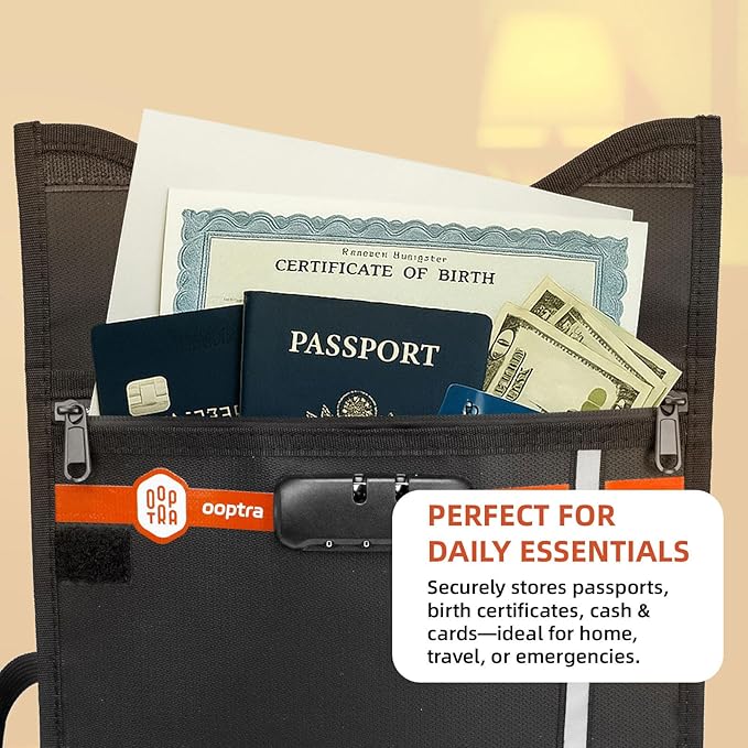 Fireproof Document Bag (Black) – Waterproof Zipper & Lock – for Home, Office & Travel – Holds Files, Cash, Passport, Valuables – Fire & Water Resistant