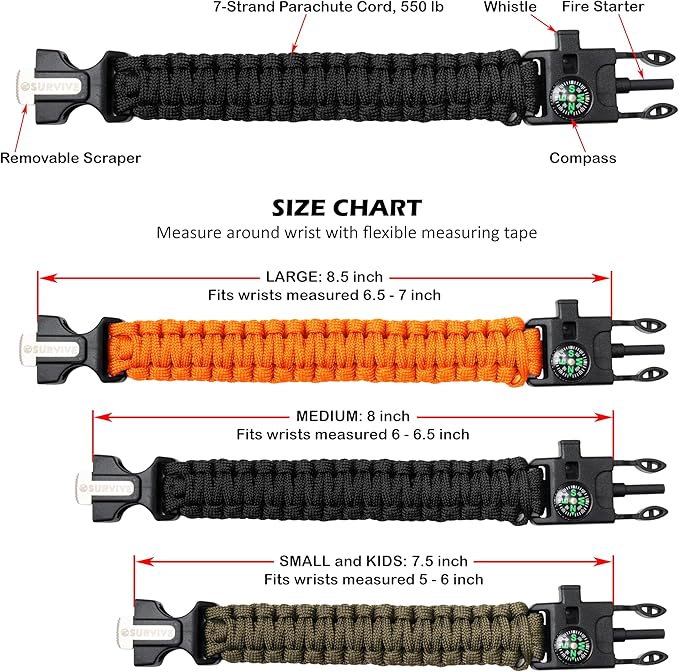 SURVIVE Paracord Bracelet, Pack of 2, Emergency Hiking Survival Kit Fire Starter Compass Whistle, 3 Wrist Sizes: Small Medium Large, 8.5-10 ft Continuous Strand Flint Steel Scraper 5 in 1