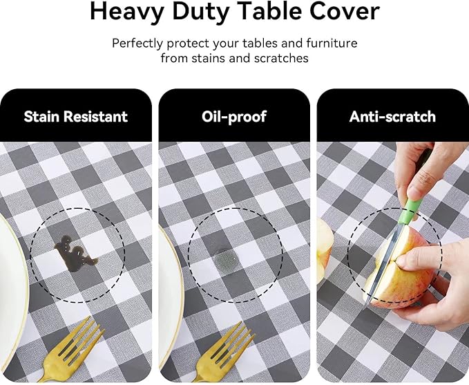 Romanstile Square Vinyl PVC Tablecloth, 100% Waterproof Buffalo Plaid Plastic Table Cloth, Oil Proof Heavy Duty Wipeable Table Covers for Dining/Camping/Picnic/Outdoor - 54 x 54, Grey and White