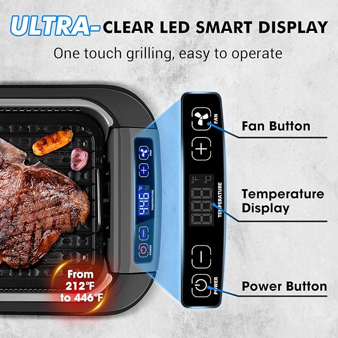 CUSIMAX Smokeless Indoor Grill, 1500W Electric Grill Korean BBQ Grill with LED Smart Display & Tempered Glass Lid, Non-stick Removable Grill Plate, Turbo Smoke Extractor, Black New Model