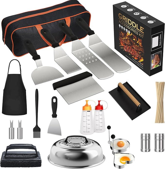 120 Pcs Griddle Accessories Kit for Blackstone - Perfect Flat Top Grill Accessories for Outdoor, Professional Round Melting Dome with Cast Iron Smash Burger Press for Barbecue.