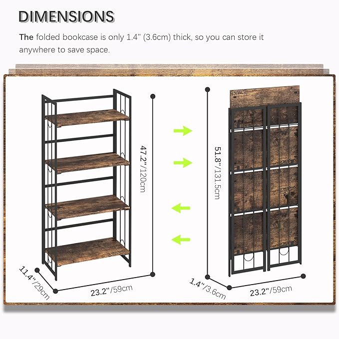 4NM No Assembly 4 Tiers Folding Bookshelf, 47.2" H Foldable Storage Shelves Vintage Bookcase Standing Racks Study Organizer Home Office - Rustic Brown Black