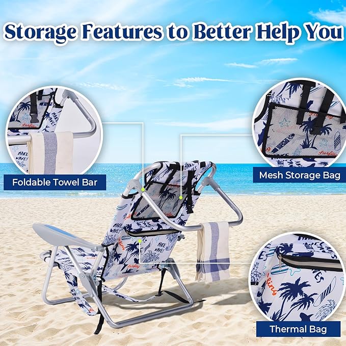 2 Pack Lightweight Portable Camping Beach Chair for Adults, Outdoor Lay Flat Folding Chairs, Backpack Chair with Towel Bar, Cooler Pouch, Cup Holder, White Geometry