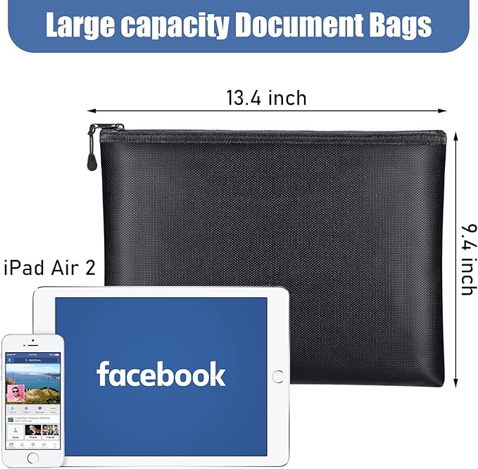 4 Pack Fireproof Document Bags 13.4 x 9.4 Inch Waterproof and Fireproof Money Bag Document Holder with Zipper Fireproof Safe Storage Bag for A4 Documents, Money, Passport and Tablet
