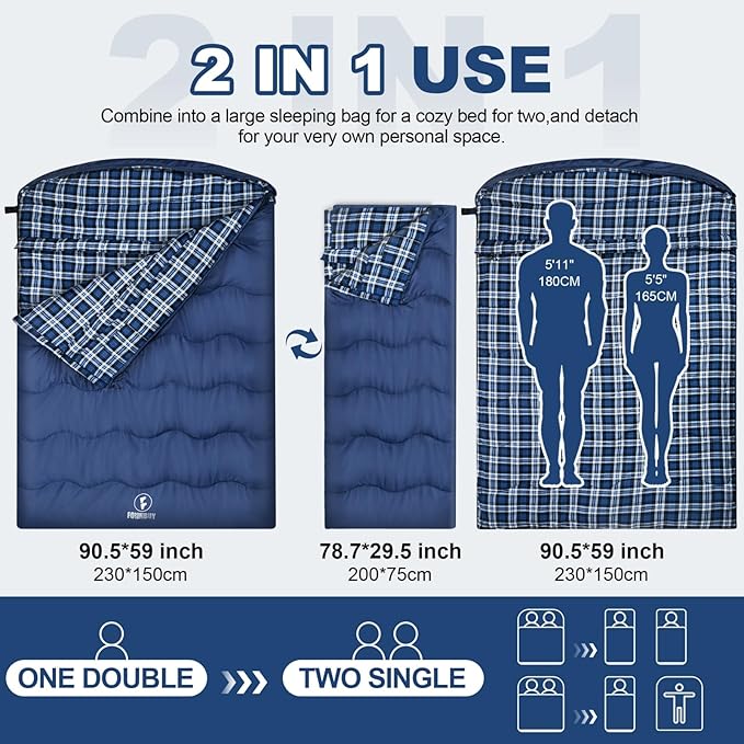0 Degree Flannel Double Sleeping Bag for Adults, Couples or Family - Winter Queen Size Waterproof & Warm 2-Person Sleeping Bag for Cold Weather Camping, RV Travel