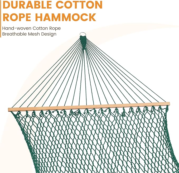 Lazy Daze Hammocks 12FT Double Rope Hammocks, 2 Person Hand Woven Cotton Hammock with Spreader Bar for Outdoor, Indoor, Patio, Poolside, FIT 13-15 Foot Stand, Max 450 Lbs, Green, 141 x 57 inches