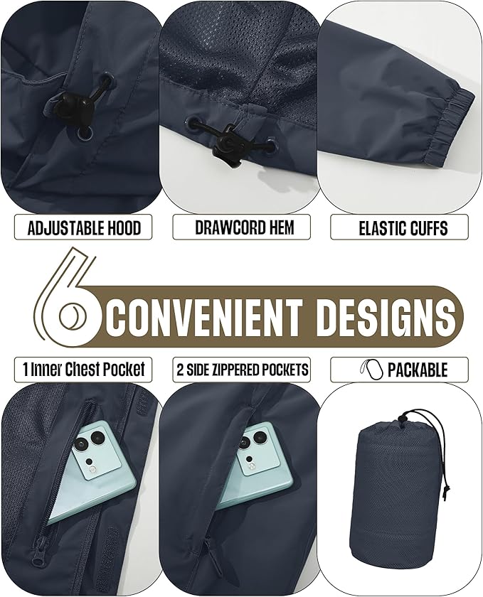 33,000ft Men's Packable Rain Jacket Waterproof Lightweight Raincoat Rain Shell with Hood for Outdoor Hiking Golf Travel