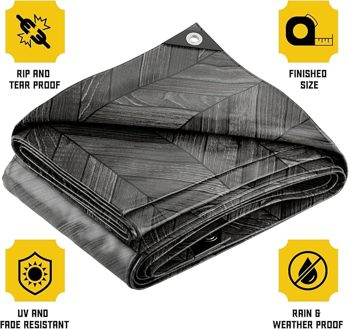 Core Tarps Extreme Heavy Duty 20 Mil Tarp Cover, Waterproof, UV Resistant, Rip and Tear Proof, Poly Tarpaulin with Reinforced Edges for Roof, Camping, Patio, Pool, Boat (Grey Wood/Black 12′ X 20′)