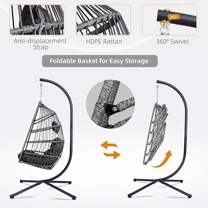 Foldable Hanging Egg Chair with Stand, HDPE Rattan and Heavy Duty Aluminum-Steel Frame, Outdoor Patio Wicker Swing Egg Chair with Headrest and Cushioned, 350 Lbs Capacity (Dark Grey)