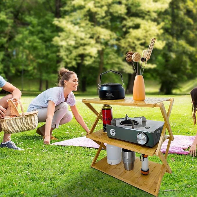 Foldable Bamboo Shelf, Folding Shoe Rack, Flower Rack, Camping Rack, No Installation Required, Portable, Space Saving, Multi-Purpose Storage Rack (Natural, 3Tiers)