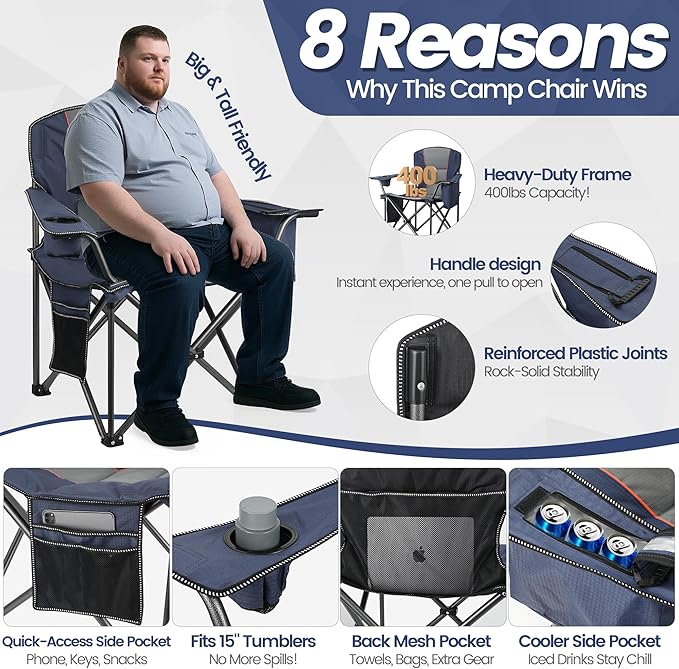 2 Pack Heavy Duty Oversized Camping Chair for Adults 400lbs w/Lumbar Support - Folding Chairs with Side Pocket, Cup Holder & Cooler Bag for Beach, Fishing, Lawn, Backyard Navy Blue