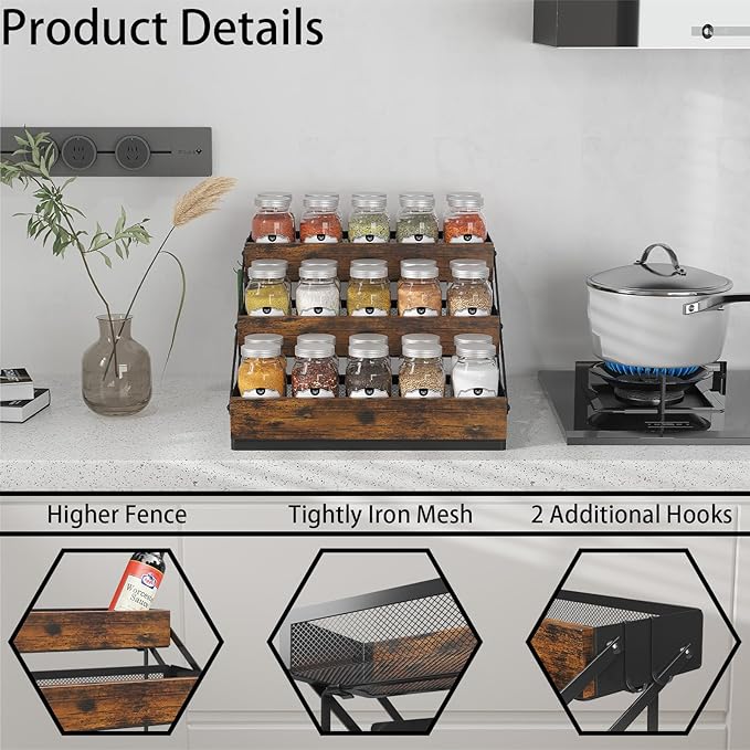 3 Tier Spice Rack Organizer for Cabinet, Foldable Spice Rack for Countertop, Cabinet Drawers Rustic Wooden Seasoning Spice storage for Kitchen Station, Pantry, Home - 1PC