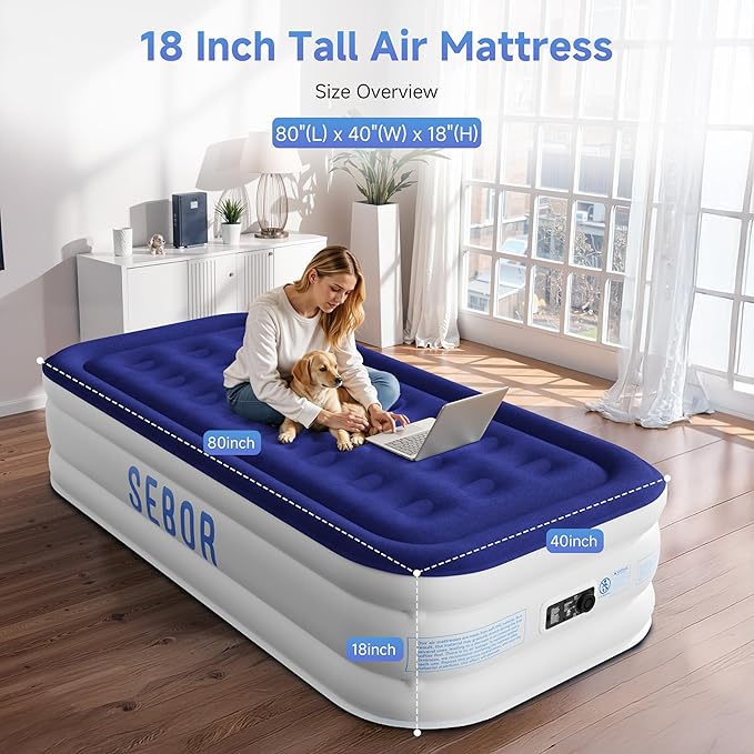 Air Mattress Twin with Built-in Pump 18", Comfortable Self-Inflating Air Mattress with High-Speed Pump, Durable Blow Up Mattress Twin with Storage Bag for Guests, Camping, Travel