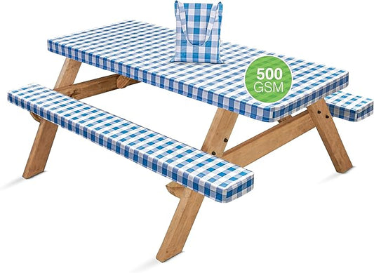 Hudson Comfort Picnic Table Cover with Bench Covers – 500 GSM Reusable Heavy Duty Vinyl Outdoor Table Cover - Waterproof Picnic Tablecloth with Carry Case - Blue (72 Inch 6 Feet)