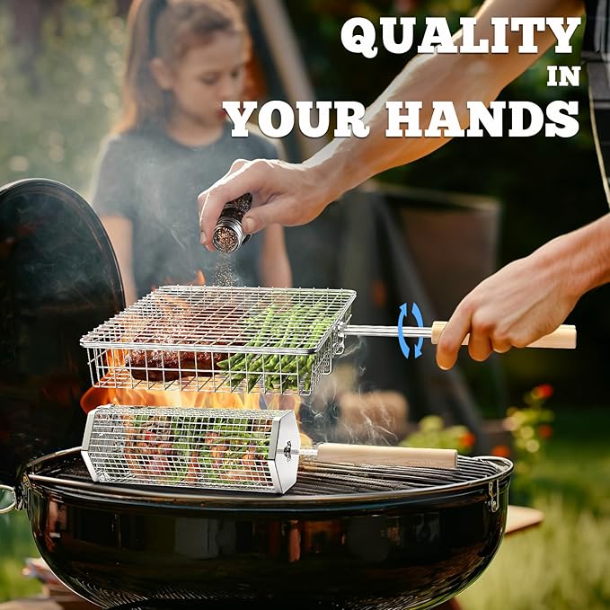 Grill Basket Set (Rectangular+Hexagon), Removable Wooden Handle, 304 Stainless Steel, Rolling Grilling Net, BBQ Accessories Tools for Vegetables Shrimp, Outdoor Cooking Camping, Birthday Gifts for Men Dad Husband