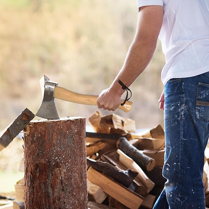 Prandi Axes German Style C45 Forged Carbon Steel Hatchet - Hickory Handle with Leather String - Lightweight Axe for Camping, Chopping, and Cutting - S/N 3.003.06.CH - 14.17" L x 5.90" W, No Sheath