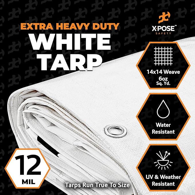 Heavy Duty White Poly Tarp 12' X 16' - Multipurpose Protective Cover - Durable, Waterproof, Weather Proof, Rip and Tear Resistant - Extra Thick 12 Mil Polyethylene - by Xpose Safety
