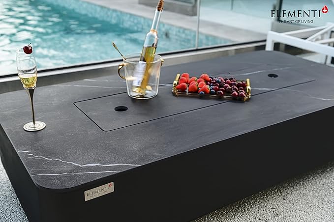 Elementi+ | Valencia Gas Fire Pit | Cast Concrete Body & Marble Porcelain Top | 62" Rectangular Fire Table | Electronic Ignition | Canvas Cover, Fire Glass & Burner Lid Included | Black | Natural Gas