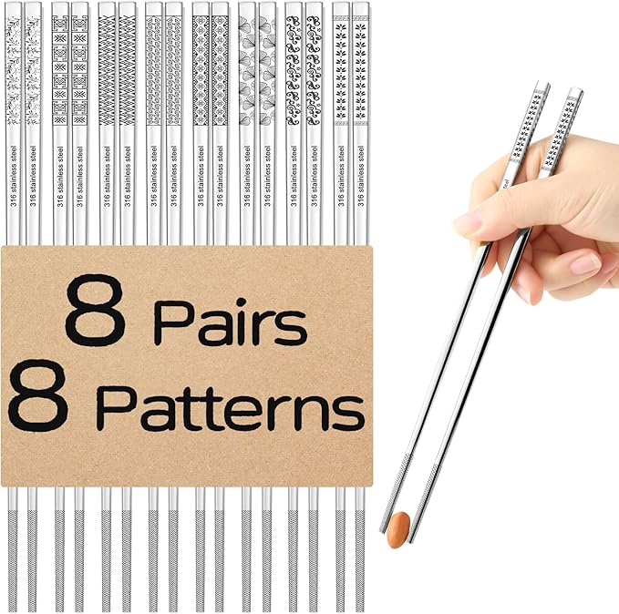 8 Pairs Metal Chopsticks Reusable 18/10 Stainless Steel Chopsticks Set Cute Laser Engraved Non-slip Japanese Korean Chinese Chopstick for Cooking Eating Dishwasher Safe 9.25" Chop Sticks Gift Set