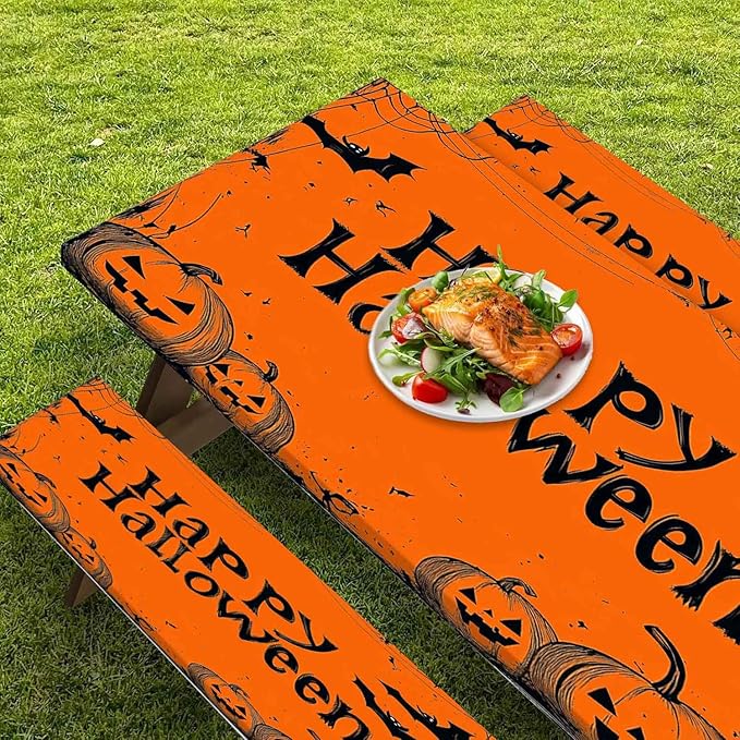 CAPSCEOLL Fitted Picnic Table Cover with Bench Covers with Elastic 6Ft Waterproof Camping Picnic Table Cover Cloths for Outdoors Camping Tablecloth with Drawstring Bag, 72X30in, Happy Halloween
