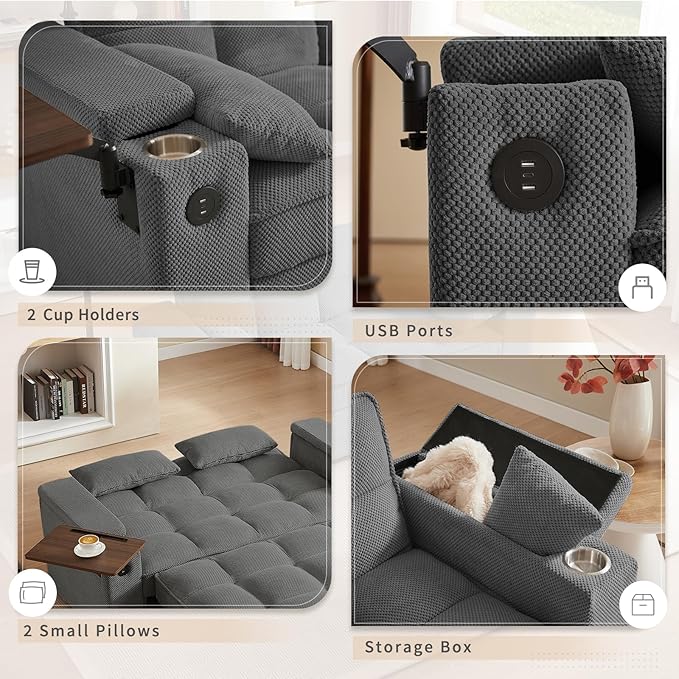 65'' 3-in-1 Folding Convertible Sofa Bed, Queen Size Pullout Sofa, Modern Chenille Fabric, 360° Swivel Side Table, Easy Assembly, Perfect for Living Room