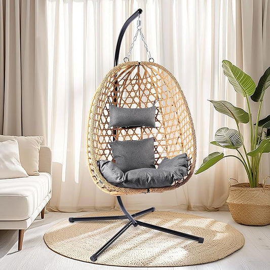 Egg Chair with Stand, Patio Wicker Hanging Chair, Hammock Swing Chair, 350LBS Capacity for Bedroom, Balcony, Garden (YE-GR)
