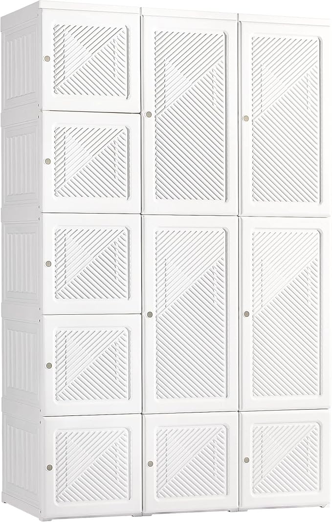 HOMCOM Portable Wardrobe Closet, Folding Clothes Storage Organizer with 8 Cube Compartments, 2 Hanging Rods, 11 Magnet Doors, White