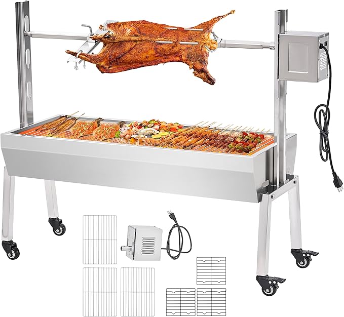 Jocisland Electric BBQ Rotisserie Grill Kit, 42" 132 Lbs Capacity, 45W Motor, Height-Adjustable Stainless Steel Pig Lamb Charcoal Rotisserie Roaster with Lockable Wheels for Camping Outdoor