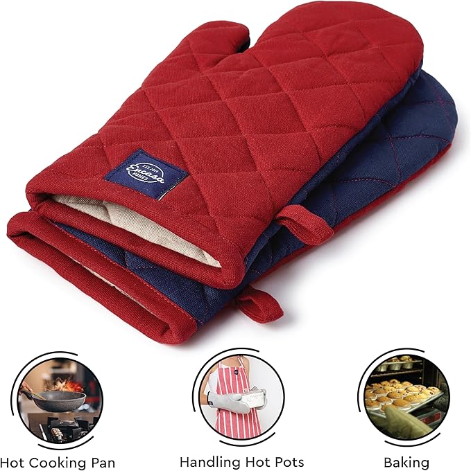Encasa XO Heat Resistant Cotton Oven Gloves Mitts (2 Pc Set) - Quilted & Safe 12x7 in - for Kitchen, Cooking & Baking, Grilling, Handling Hot Pots & Pans - Red